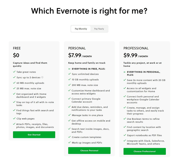 evernote pricing page