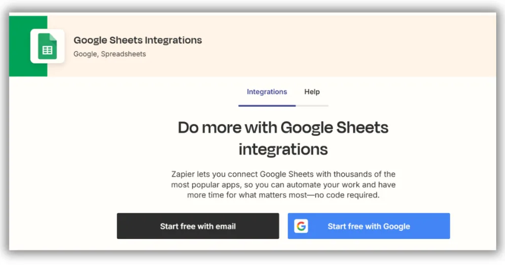 Zapier google sheets integration page as an example of programmatic seo for saas